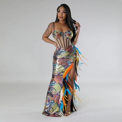 Sexy Sling Velvet Sequin Party Evening Dress High Slit Feather Dress