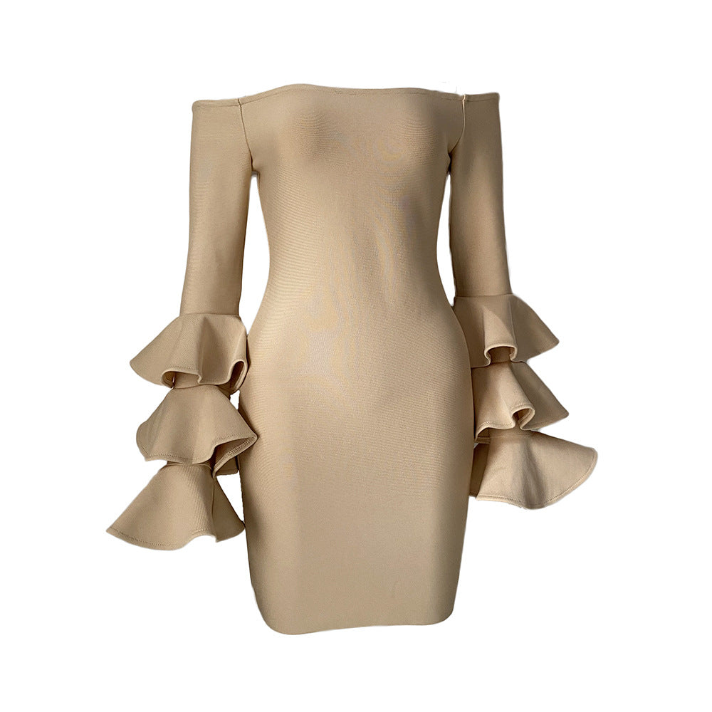 Off Shoulder Autumn Winter Bandage One Piece Dress Sexy Tight Ruffled Flared Long Sleeve Dress