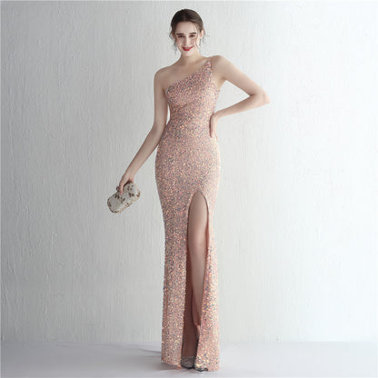 Handmade Sequin Single Shoulder Suspender Ladies Cocktail Split Long Sequined Aura Queen Dinner Fishtail Dress