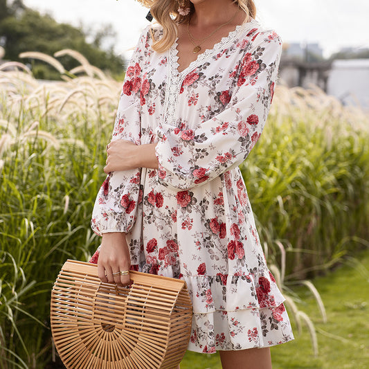 Robe à manches longues et col en V pour femme, imprimé Floral, en dentelle, automne et hiver