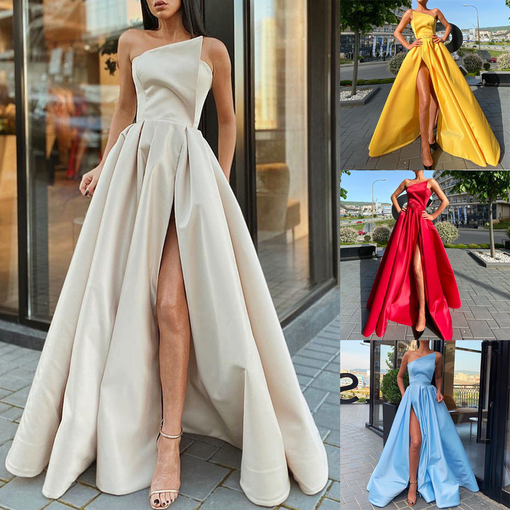 Women Clothing One-Shoulder Tube Top Dress Maxi Dress Sexy Slit Large Swing Dress