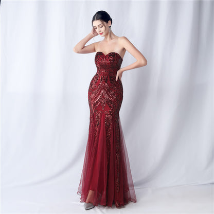 Floral Cutting Mesh Sequin Wedding Dinner Toast Annual Party Evening Dress