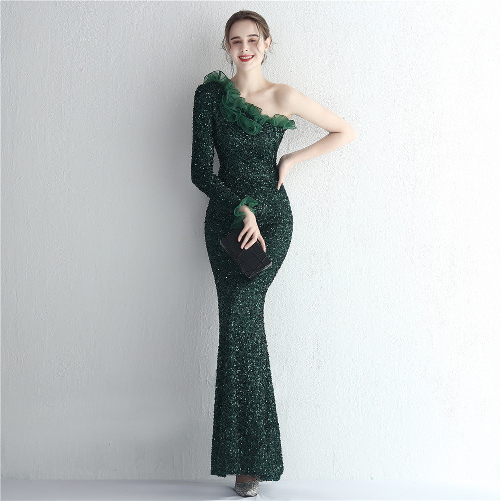 Handmade Sequin Craft Yarn Ladies Cocktail One Shoulder Long Sleeve Long Sequined Aura Queen Fishtail