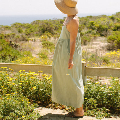 Robe d'été à bretelles en pur coton, Design français, grande poche, ample, Slim, bretelles réglables, robe mi-longue pour femmes