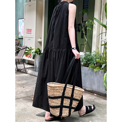 Relaxed Lazy Sleeveless Halter Dress Summer Elegant Big Hem off the Shoulder Sling Dress