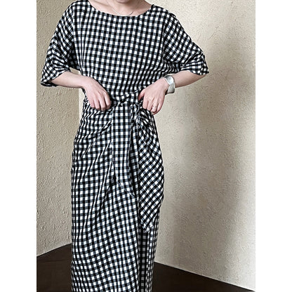 French Irregular Asymmetric Strap Color Contrast Check Dress Women Summer Slimming