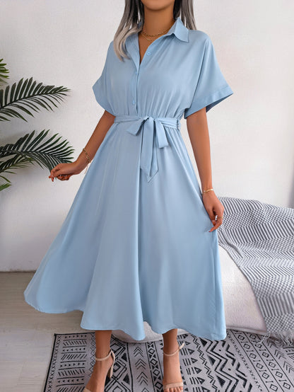 Vestido camisero holgado informal de verano de color liso con lazo, vestido largo para mujer