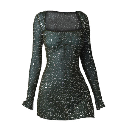 Meilleurs vêtements pour femmes, paillettes, strass, Sexy, Semi-transparent, manches longues, robe courte