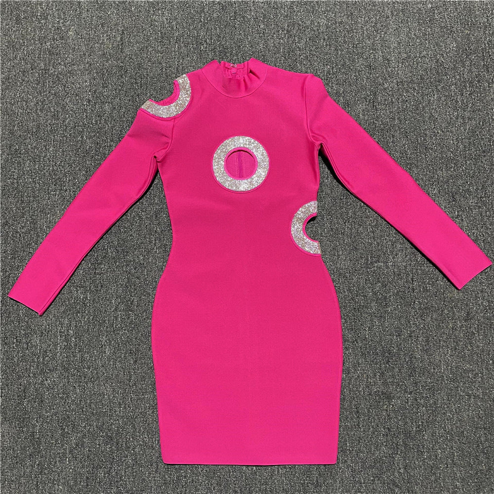 Robe bandage à col rond avec clous en diamant, ajourée, découpée, sexy, élastique, moulante, manches longues, courte, pour femmes