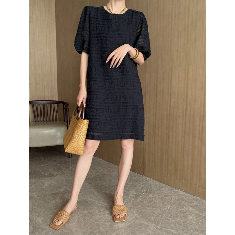 Ear Edge Stripe Texture Crewneck Bubble Sleeve Dress