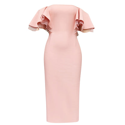 Dress Simple Sexy round Neck Slim Ruffle Sleeve Party Dress Women