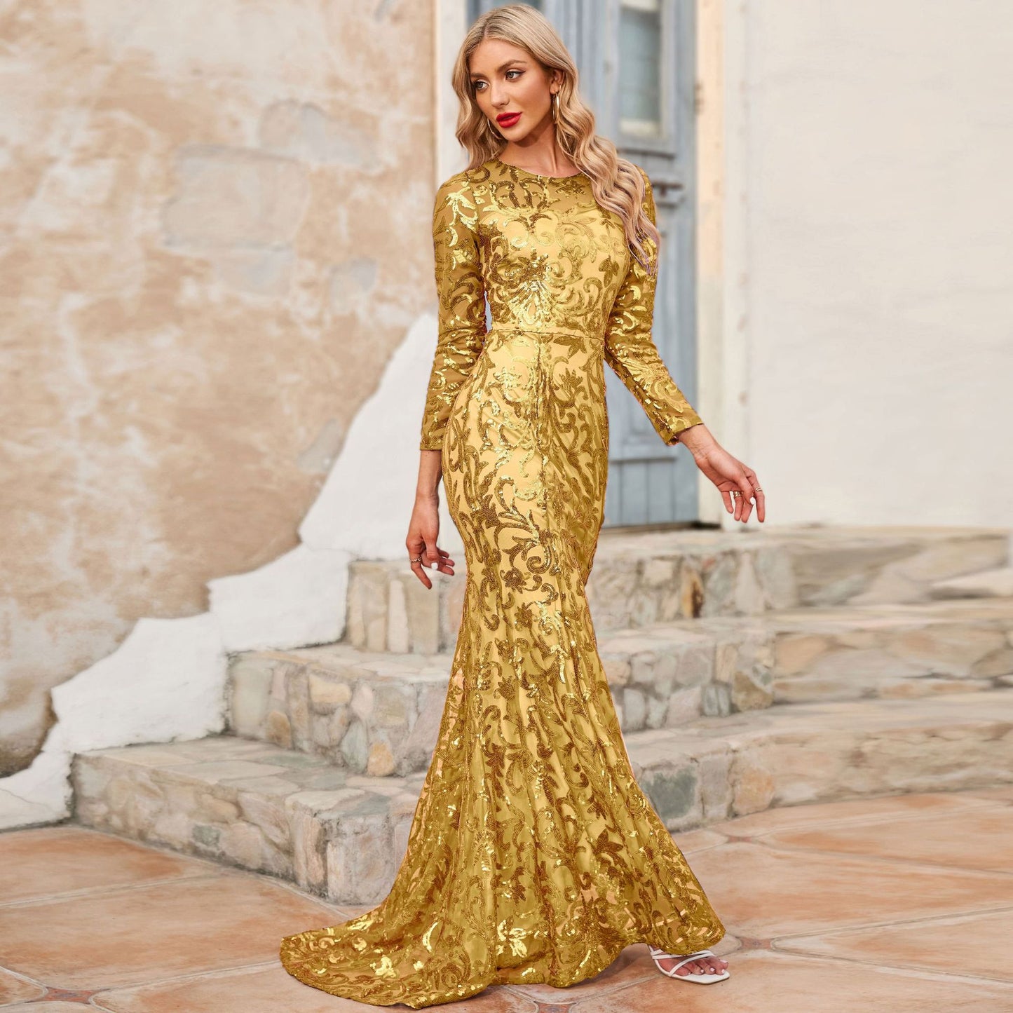 Spring Autumn Sequined Dress Purple Crew-Neck Long Evening Dress Long Sleeve Dress