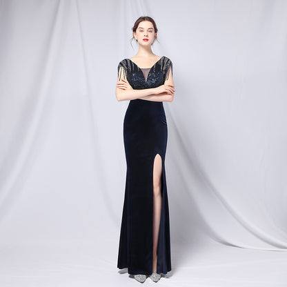 Velvet Gradient Sequin Cocktail Evening Dress Dress Company Annual Meeting Women Sexy Long Slit