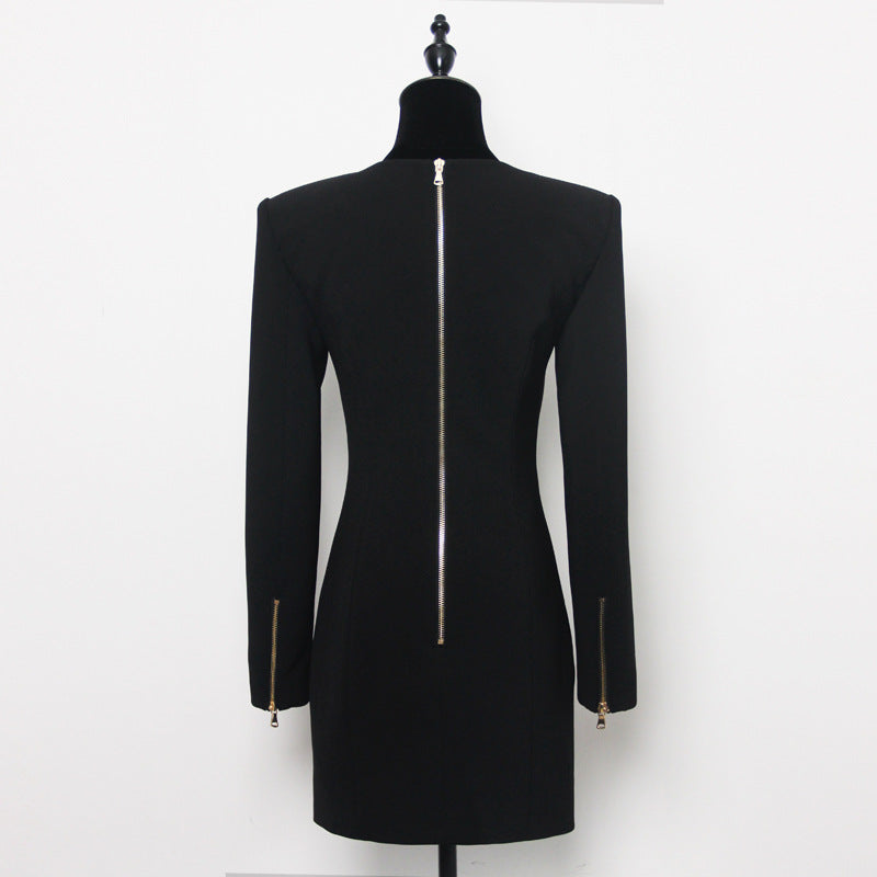 Spring Autumn Solid Color Square Collar Single Breasted Long Sleeve Zipper Short Women Dress