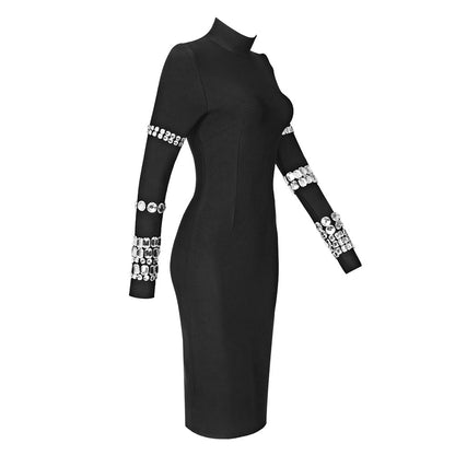 Autumn Winter Heavy Industry Beads Turtleneck Bandage Dress Slim Sheath Long Sleeve Knitted Dress