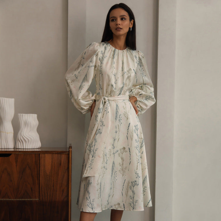 Robe ample à manches bouffantes pour femmes, robe trapèze imprimée gracieuse et à la mode