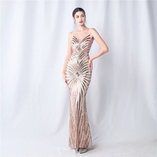 Positioning Floral Cutting Dinner Annual Meeting Wedding Sequin Sling Evening Dress