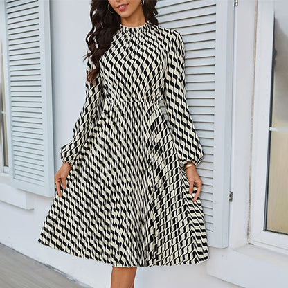 Elegant Dress Lantern Sleeve Pleat Waisted A Line Long Sleeve Dress Women Commuting Wear Dress