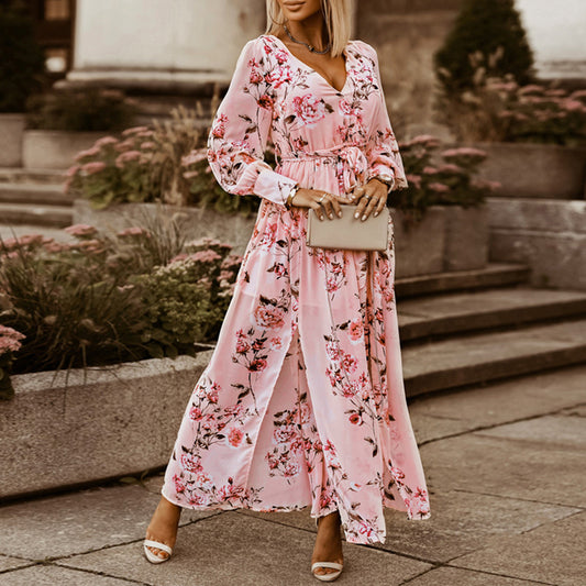 Vestido de manga larga con estampado floral para primavera y verano, vestido bohemio que adelgaza la cintura