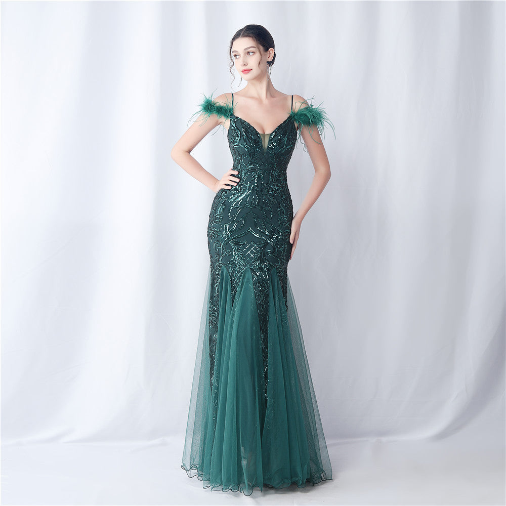 Ostrich Feather Craft Mesh Positioning Floral Sequin Annual Meeting Wedding Evening Dress