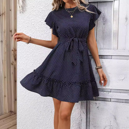 Women Summer Elegance Printed Ruffle Sleeve A Hem Pleated Belt Dress