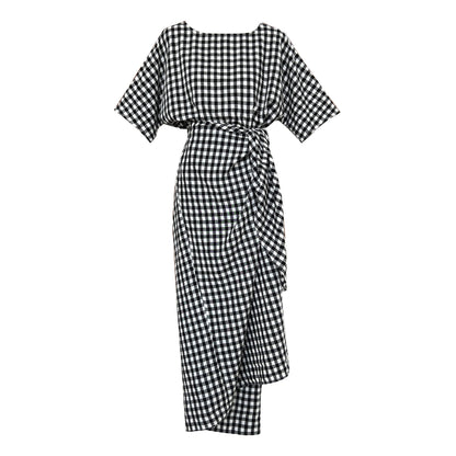 French Irregular Asymmetric Strap Color Contrast Check Dress Women Summer Slimming