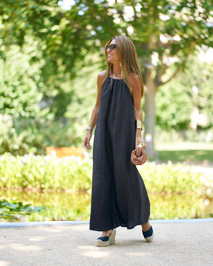 Robe de vacances décontractée en coton et lin pour femmes, col licou, fente, printemps et été