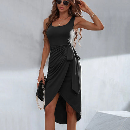 Women Clothing Arrival Square Collar Lace-up Irregular Asymmetric Hem Cami Dress Midi Dress