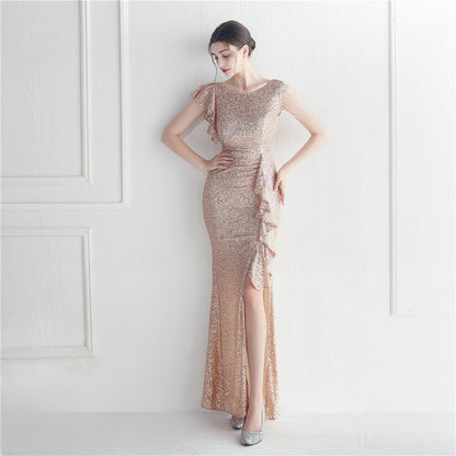 Ruffled Craft Beaded Socialite Ceremony Dinner Performance Long Sequ Dress