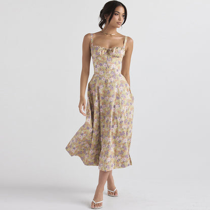 Vestido de mujer con cintura alta y abertura con tirantes florales Vestido de vacaciones para mujer