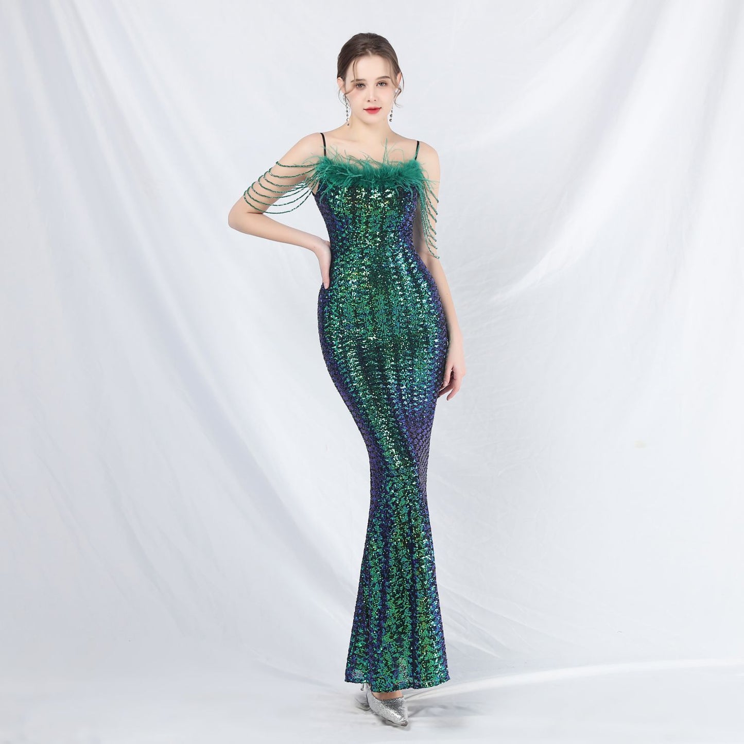 Beaded Ostrich Feather Colorful Sequin Long Evening Dress