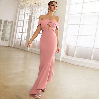 off-Neck Sleeveless Elegant Slim-Fit Long Solid Color Cocktail Bridesmaid Dress Evening Dress Ruffle