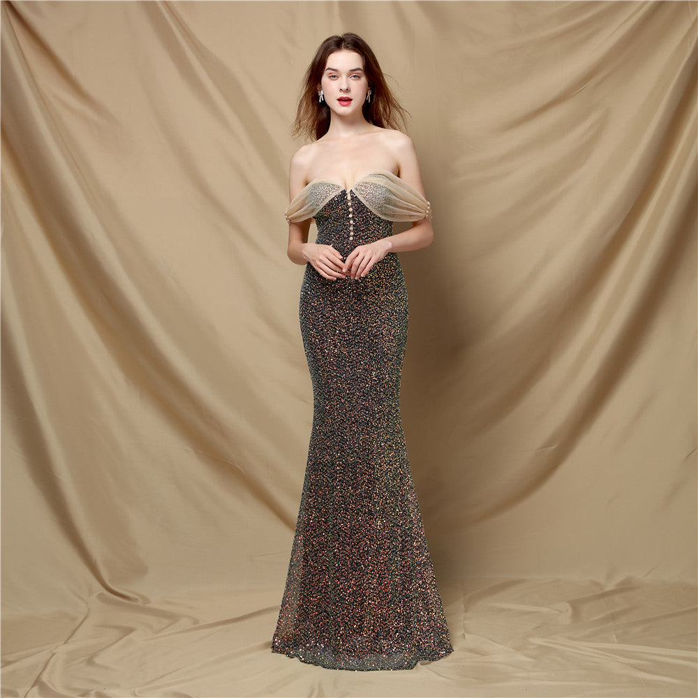 Classic off Shoulder Fishtail Evening Dress for Women Elegant Cocktail Annual Meeting Elegant Velvet Queen