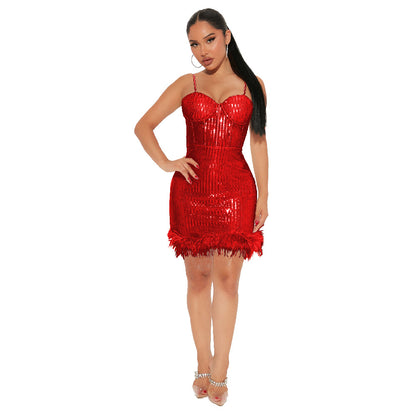 Spring Sequined Feather Sexy Nightclub Bandeau Sling Dress