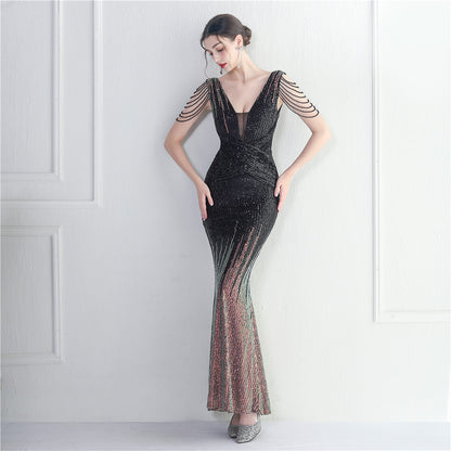 Craft Beaded Sequined Car Model Exhibition Host Dinner Women Long Evening Dress Fishtail Dress