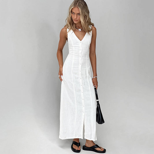 Sexy Design V-neck Cotton Linen White Split Sleeveless Dress Women Summer Simplicity Maxi Dress