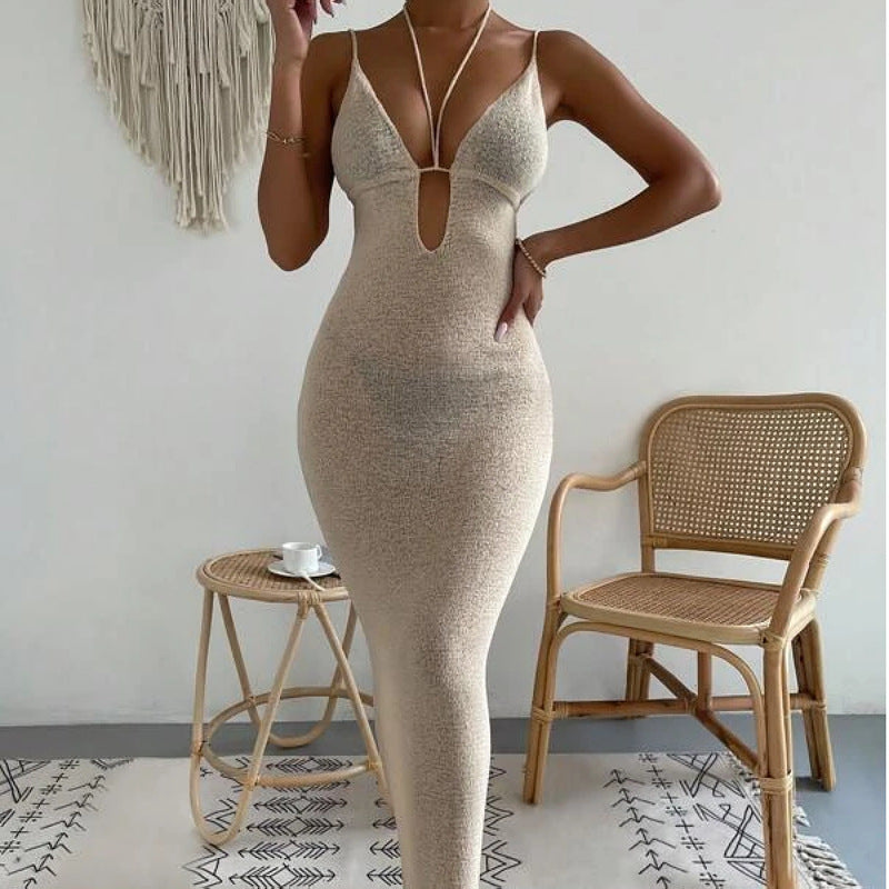 Women Clothes Sexy Sexy Cutout Lace Up Halter Spaghetti Straps Stitching Dress Maxi Dress Women