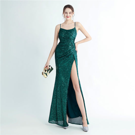 High Density Sequin Pleated Side Slit Sling Long Evening Dress