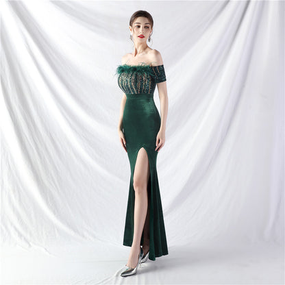 Craft Order Ostrich Fur Velvet off Neck Evening Dress