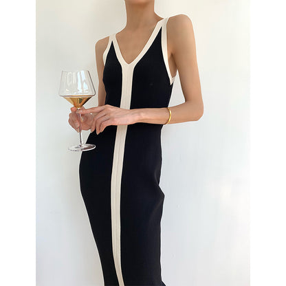 French V Neck Cami Dress Summer Color Contrast Patchwork Slim Fit Slim Fit Sleeveless Dress Sheath Maxi Dress