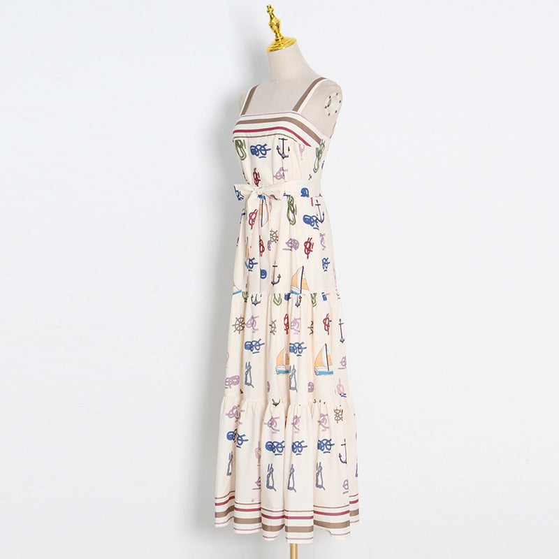 Printed Vacation Dress Autumn Suspenders Sexy Waist Hollow Out Cutout out Maxi Dress