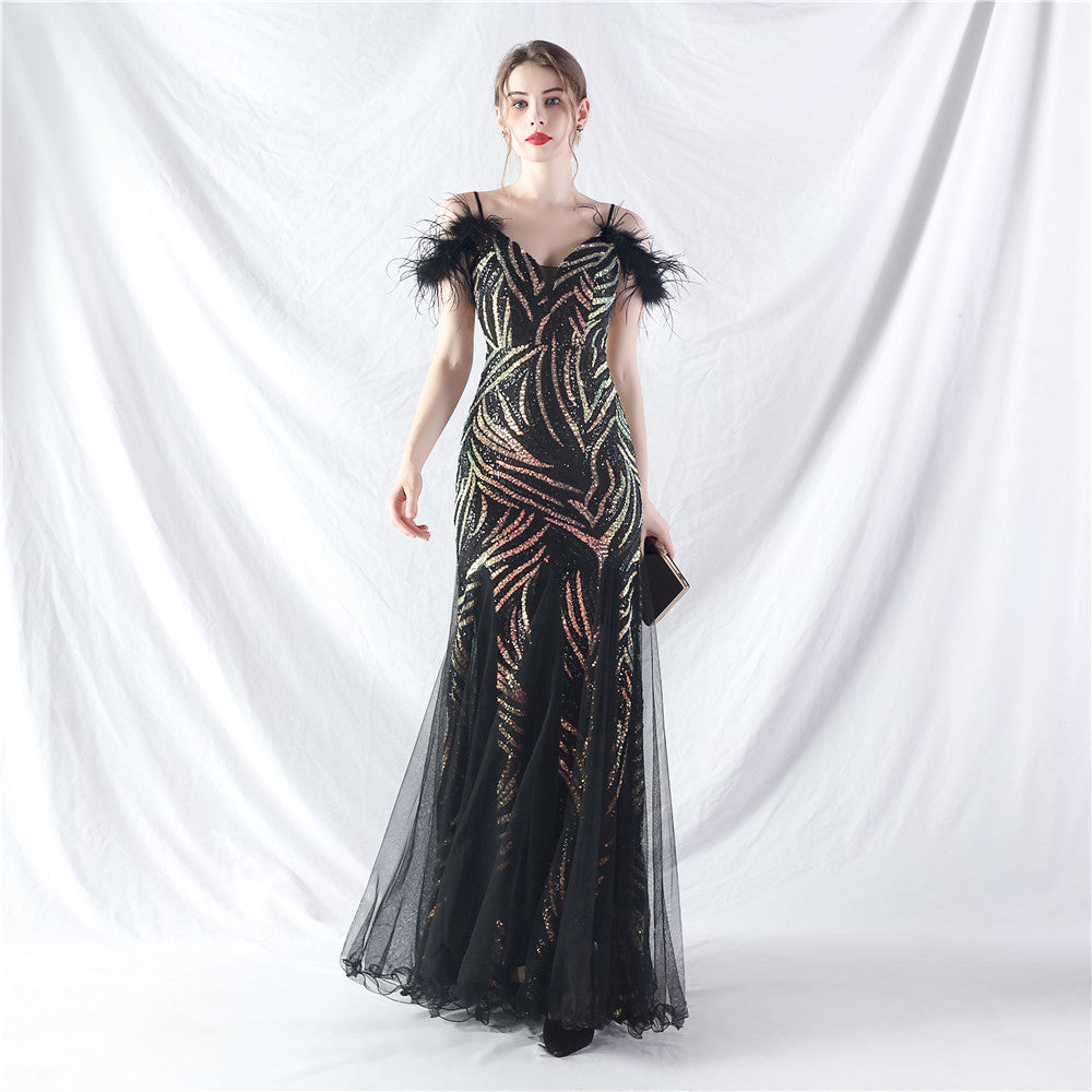 Craft Order - Robe de soirée haut de gamme en maille avec couture de paillettes et stratification de cheveux d'autruche