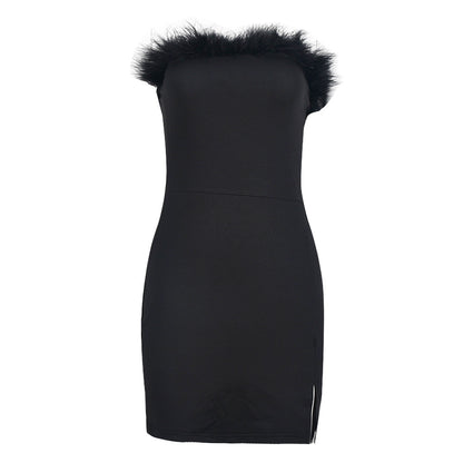 Strapless Dress Women Sexy Fur Collar Hollow Out Cutout Backless Pullover Hip Dress