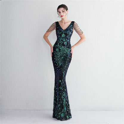 Evening Party Dress Long Cocktail Slim Fit Evening Dress Elegant Long Sequined Annual Meeting Host