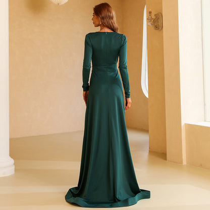 Lengthened Retro French Slimming Chinese Slim Fit Long Simple Green Split Evening Dress Prom Formal Gown