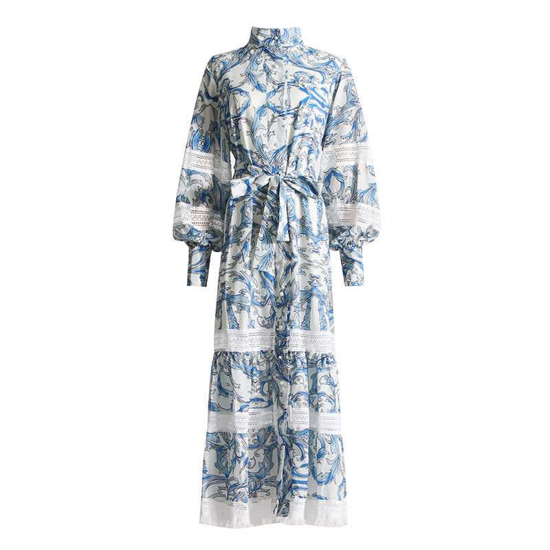 French Retro Blue Printed Dress Spring Stand Collar Long Sleeve Lace up Waist Slimming Maxi Dress Women