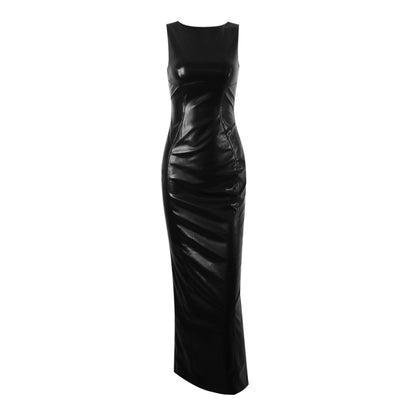 Sexy Women Wear High End Faux Leather Skinny Sheath Long Black Sleeveless Vest Split Dress Women