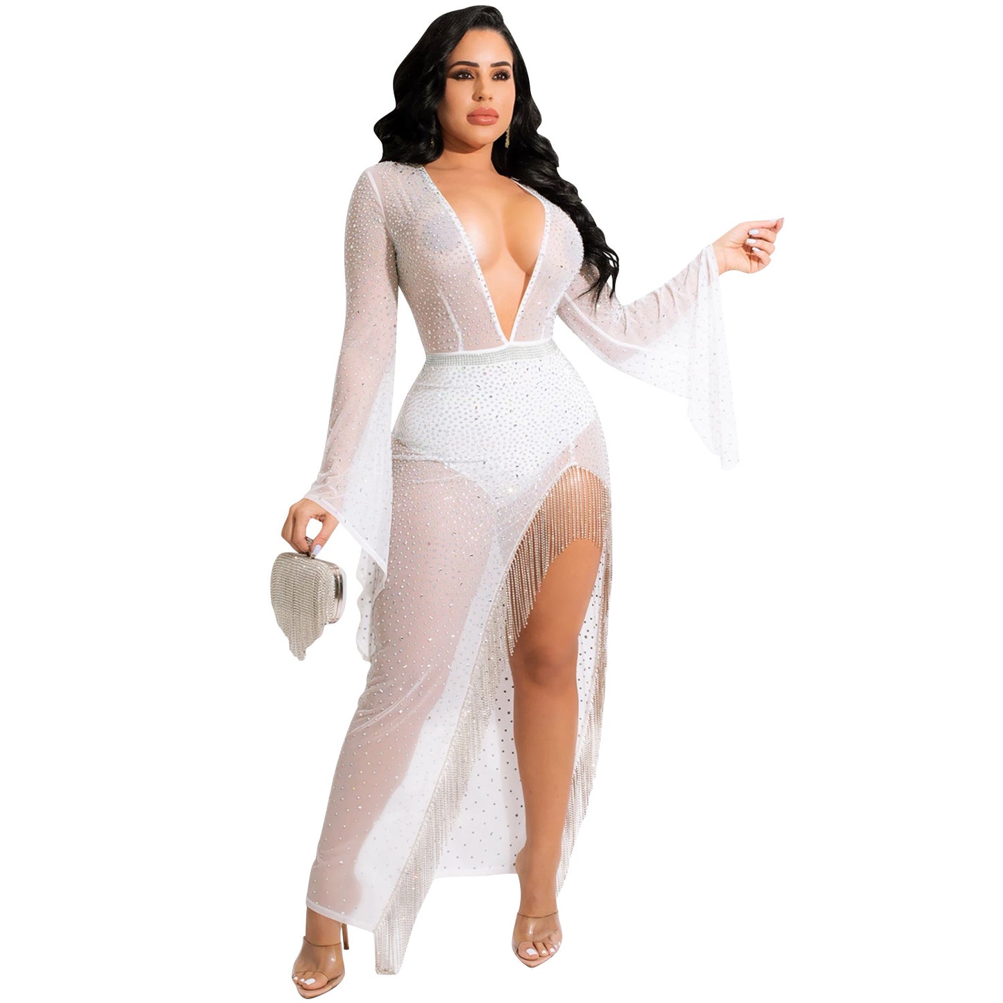 Sexy Nightclub Rhinestone Deep V Plunge Wide Sleeve Irregular Asymmetric Slit Tassel Maxi Dress Women