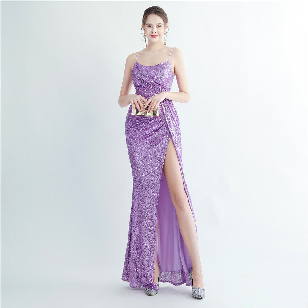 High Density Sequin Pleated Side Slit Sling Long Evening Dress