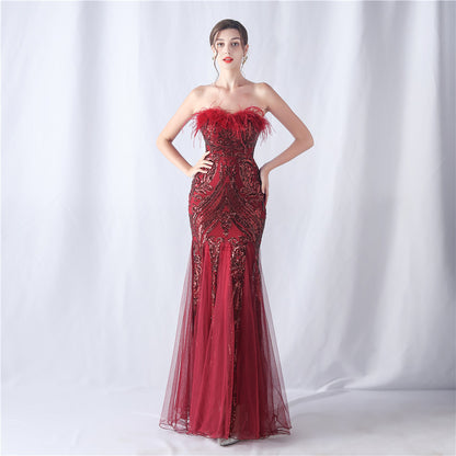 Ostrich Feather Positioning Floral Cutting Wedding Annual Meeting Tube Top Sequin Gauze Evening Dress